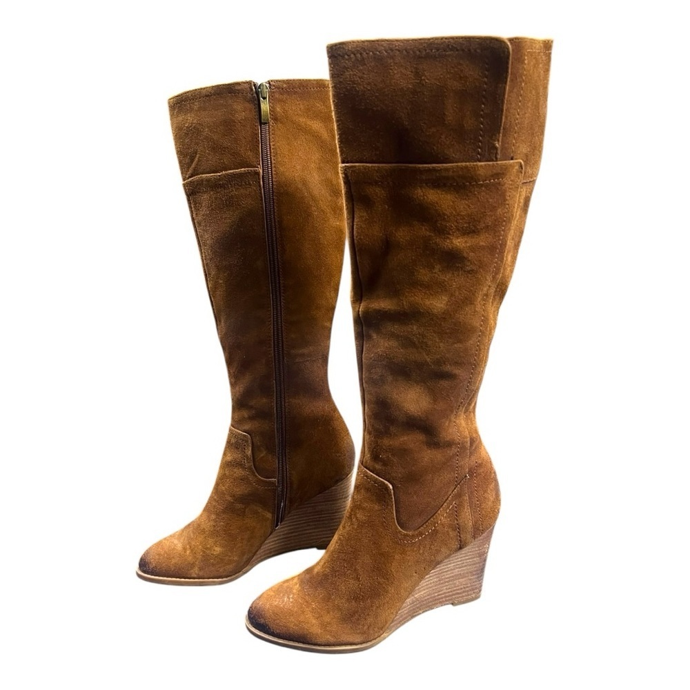 Franco Sarto Asher Brown Suede Women's Tall Wedge Side Zip Boots Size 7